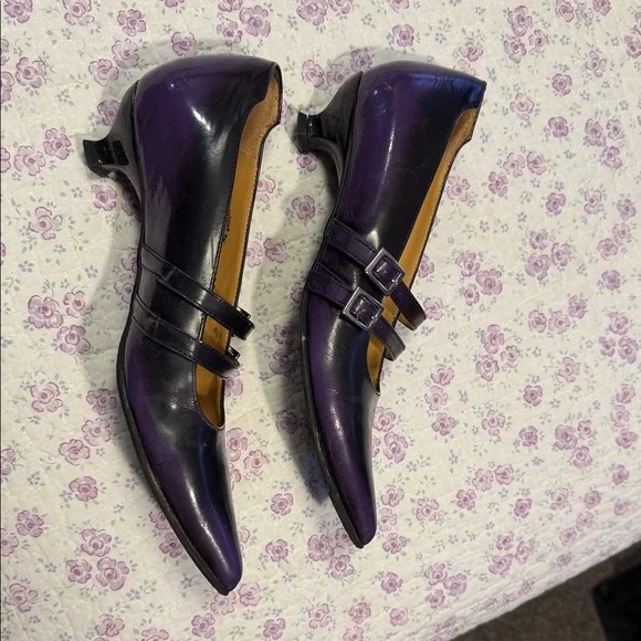 John Fluevog Black and Purple Two-Strap Pointed Pumps - Picture 3 of 6